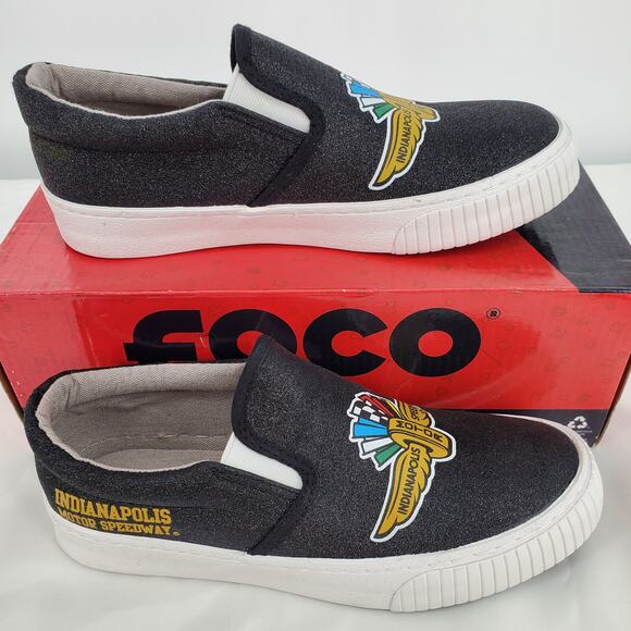 Foco Size 6 Indy Motor Speedway Wing Wheel Flag Glitter Canvas Slip On Shoes New - Picture 2 of 11